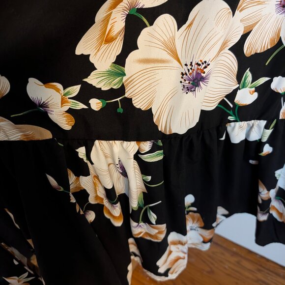 Shein Black Floral Wrap Maxi Dress — Flutter Sleeves, Deep V-Neck, Size 2XL - Picture 8 of 11